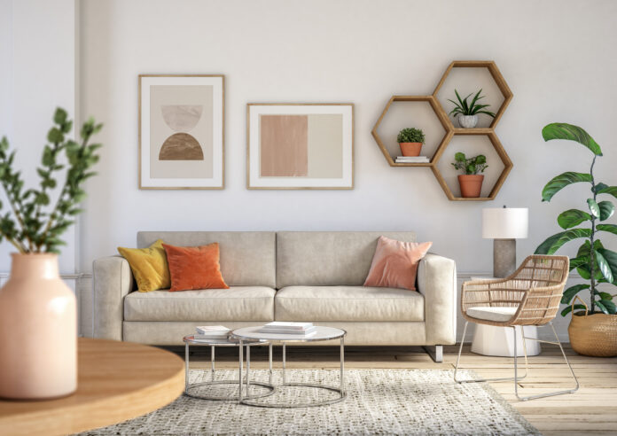 Bohemian living room interior - 3d render colores
